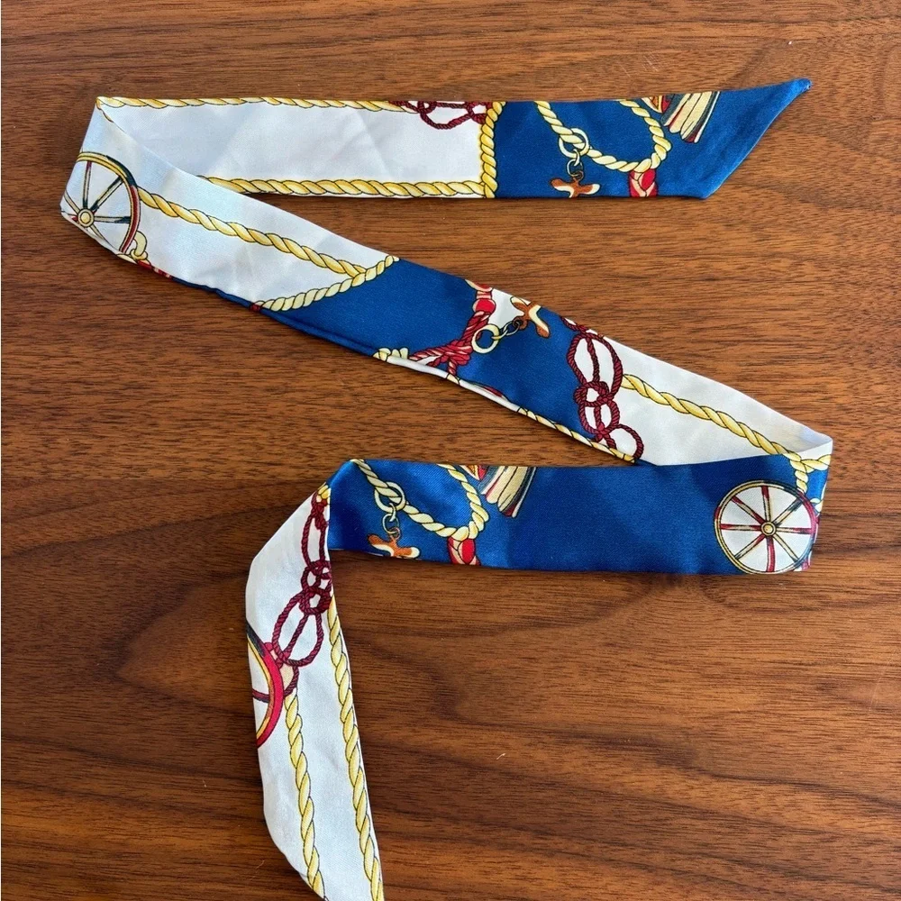 Nautical Print Silk-Like Twilly Scarf - Blue, Red and White